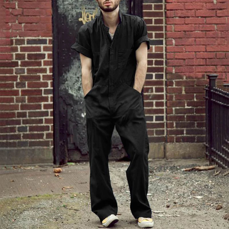 Men's Leisure Overalls Zipper Jumpsuit Casual Short-sleeved Pocket Pants Lapel Work Clothes Solid Color Streetwear 2025 New