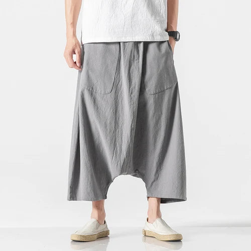 Summer Men Plus Size Casual Harem Pants Vintage Loose Cotton Linen Wide Leg Pants Men Elastic Waist Pantalones Trousers