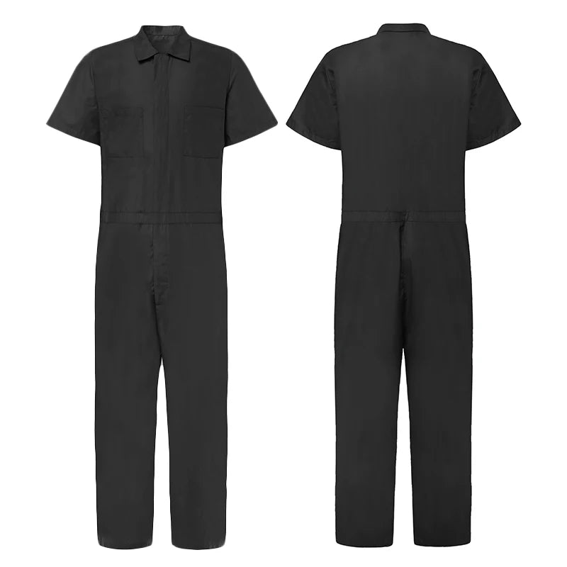 Men's Leisure Overalls Zipper Jumpsuit Casual Short-sleeved Pocket Pants Lapel Work Clothes Solid Color Streetwear 2025 New