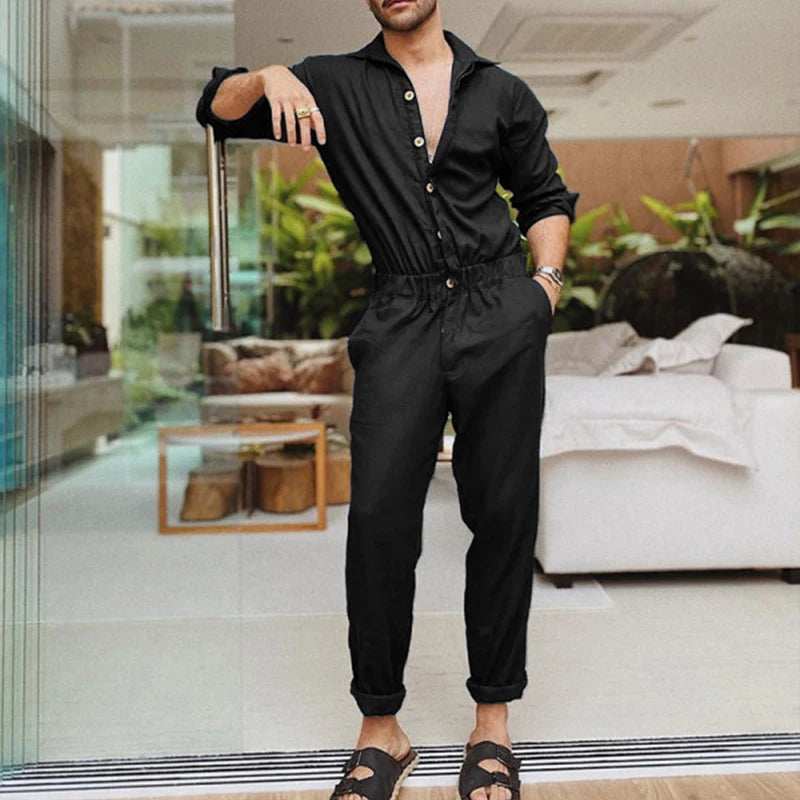 Men's Solid Color Jumpsuit Playsuit Button-down Casual Work Clothes Overalls Turn Down Collar Long Sleeve Oversized Waist Pants