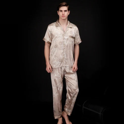 SSH021 Autumn Summer Loungewear Short Sleeves Long Pants Pajama Set Men Printed Satin Silk Pyjamas Male Pajamas Pijama Sleepwear