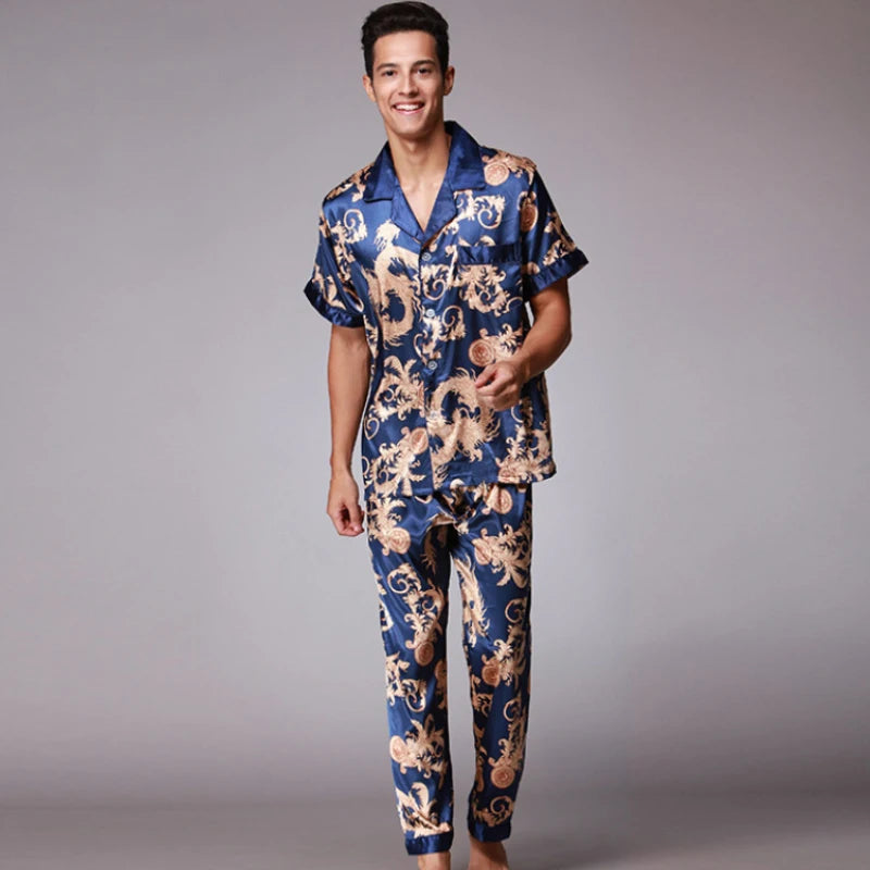 SSH021 Autumn Summer Loungewear Short Sleeves Long Pants Pajama Set Men Printed Satin Silk Pyjamas Male Pajamas Pijama Sleepwear