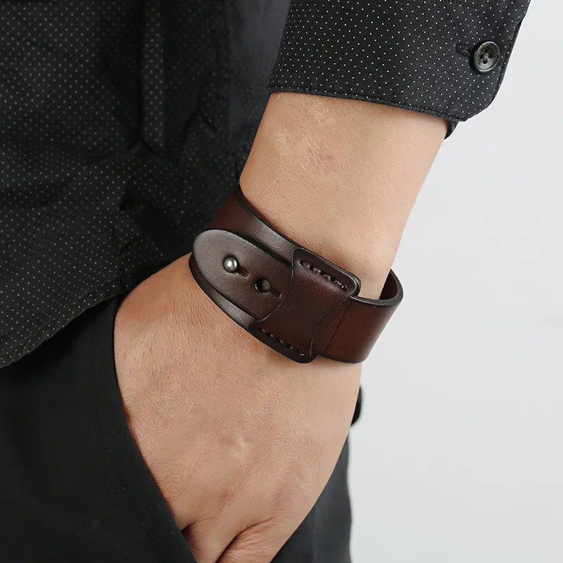 ZORCVENS Vintage Irregular Men Genuine Leather Bracelets Wide Brown Cuff Wrap Bracelets&Bangles Punk Wristband Women Men Jewelry