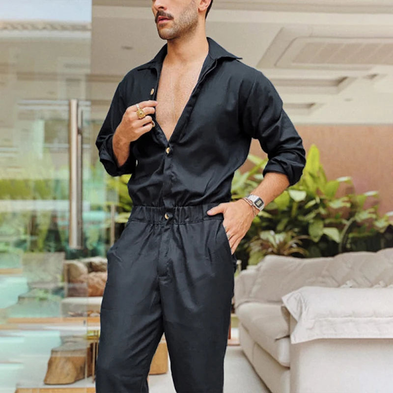 Men's Solid Color Jumpsuit Playsuit Button-down Casual Work Clothes Overalls Turn Down Collar Long Sleeve Oversized Waist Pants