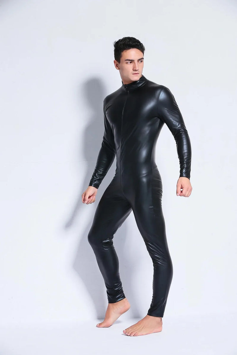 Men's Wetlook Faux Leather One Piece Skin Bodysuit 2020 Sexy Open Crotch Tights Catsuit Zentai Suit Male Fetish Costume Clubwear