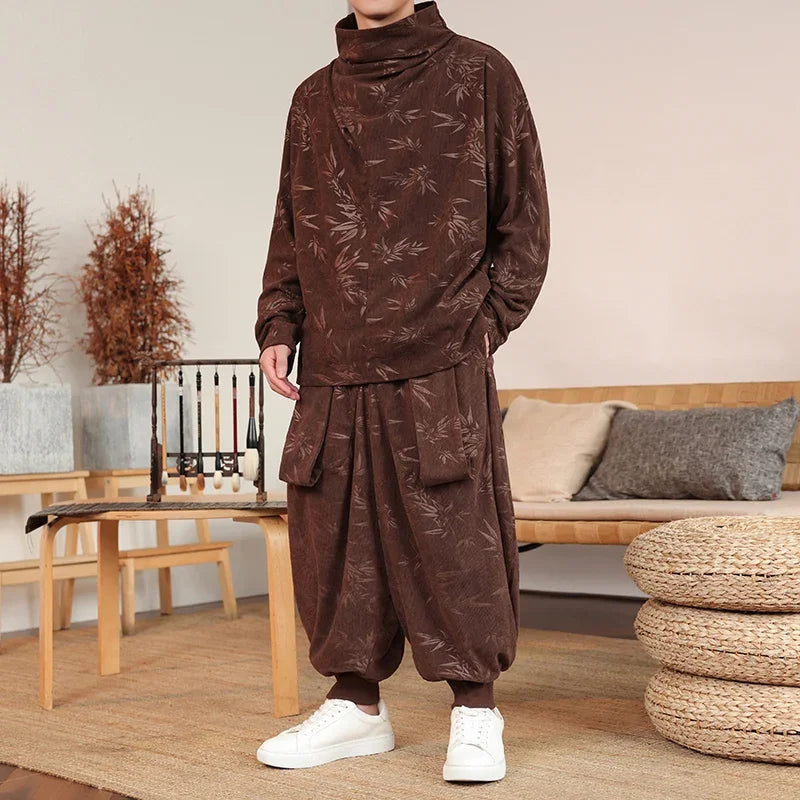 Two piece set（Shirt +Pants）Autumn Winter Thickening Velvet Retro Harem Pants Jogging Men Solid Trendy Casual Large Size Trousers