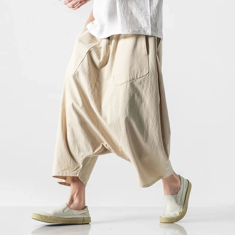 Summer Men Plus Size Casual Harem Pants Vintage Loose Cotton Linen Wide Leg Pants Men Elastic Waist Pantalones Trousers