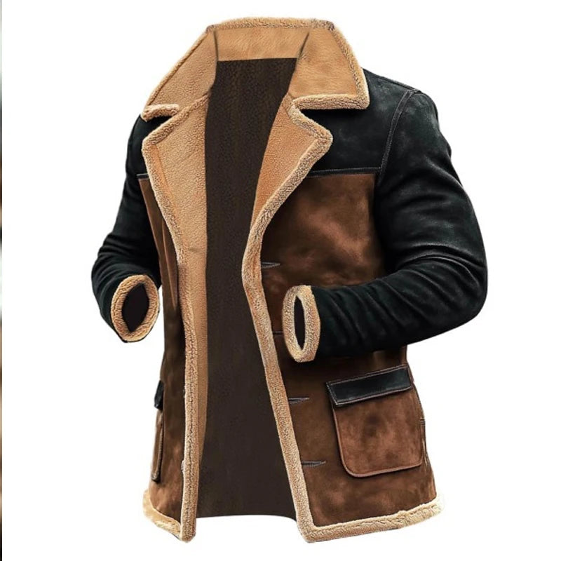 Men All Match Patchwork Lapel Collar Jackets Fashion Long Sleeve Lambwool Outwear Outdoor Winter Suede Retro Thick Woolen Coats