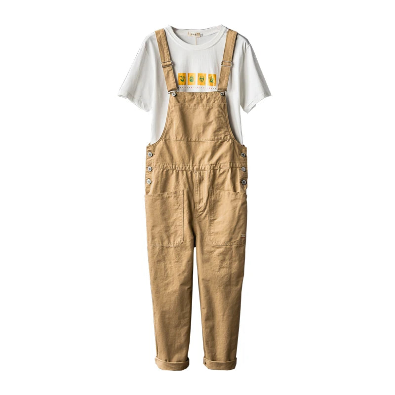 Men's Loose Khaki Bib Overalls Casual Big Pockets Cargo Pants Adjustable Suspenders Jumpsuits Coveralls Dungarees