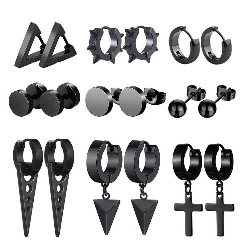 1 pair Punk Black-color Multiple Styles Stainless Steel Stud Earrings For Men and Women Street Pop Hip Hop Gothic Ear Jewelry