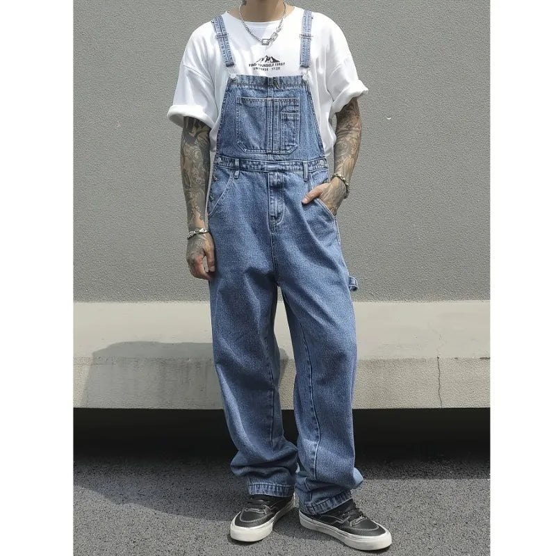 Summer Tops Street Wind Jeans Men Overalls Adult Denim Work Pants Jumpsuit Male Multiple Pockets Loose Man Denim Overall Men's