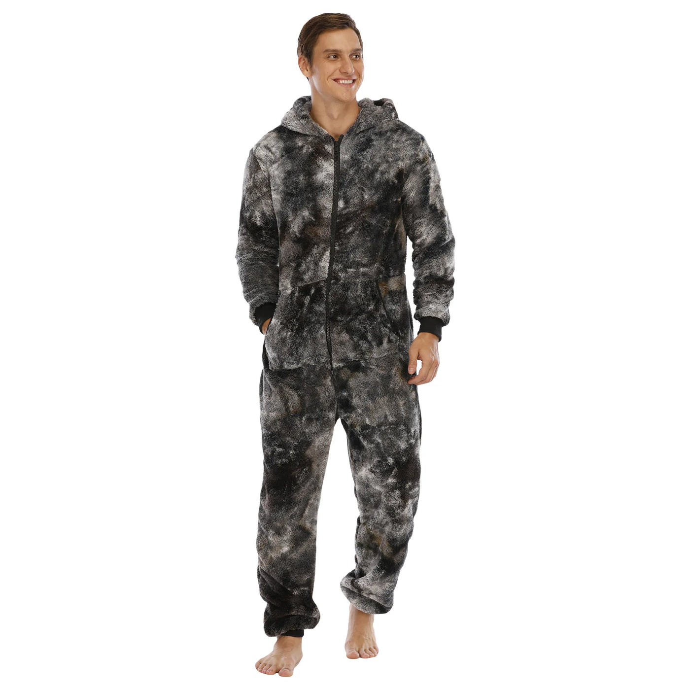 Onesie Men Jumpsuit Sleeping Clothes Zipped Up Men One Piece Hooded Jumpsuit Camouflage Fleece Winter Warm Adult Onesie
