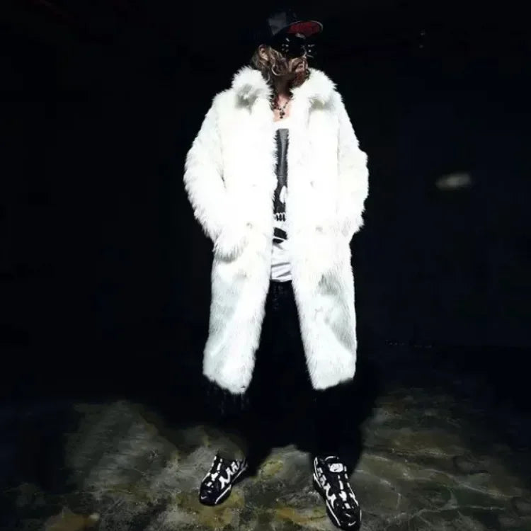 Fashion Black and White Patchwork Fur Coats Men's Winter Warm Long Faux Fur Trench Jacket Outerwear jaqueta masculina
