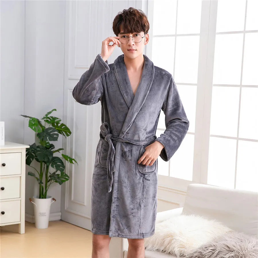 Men Casual Kimono Bathrobe Autumn Winter Flannel Long Robe Thick Warm Sleepwear Plus Size 3XL Nightgown Male Loose Home Wear