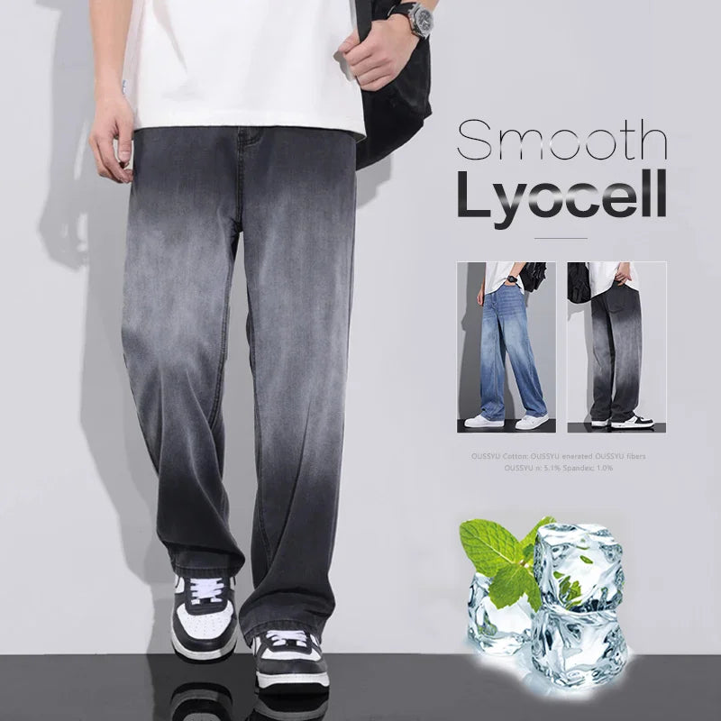 Gradient Grey Jeans Men Summer Smooth Lyocell Fabric Loose Wide Leg Pants Wear Slacks Street Clothing Retro Blue Thin Trousers