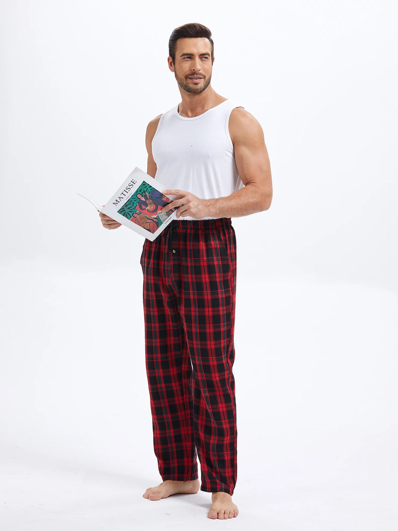 Summer Men's 100% Cotton Plaid Pajama Sleeping Pants, Breathable Long Pajama Pants with Elastic Waist for Homewear Outdoor