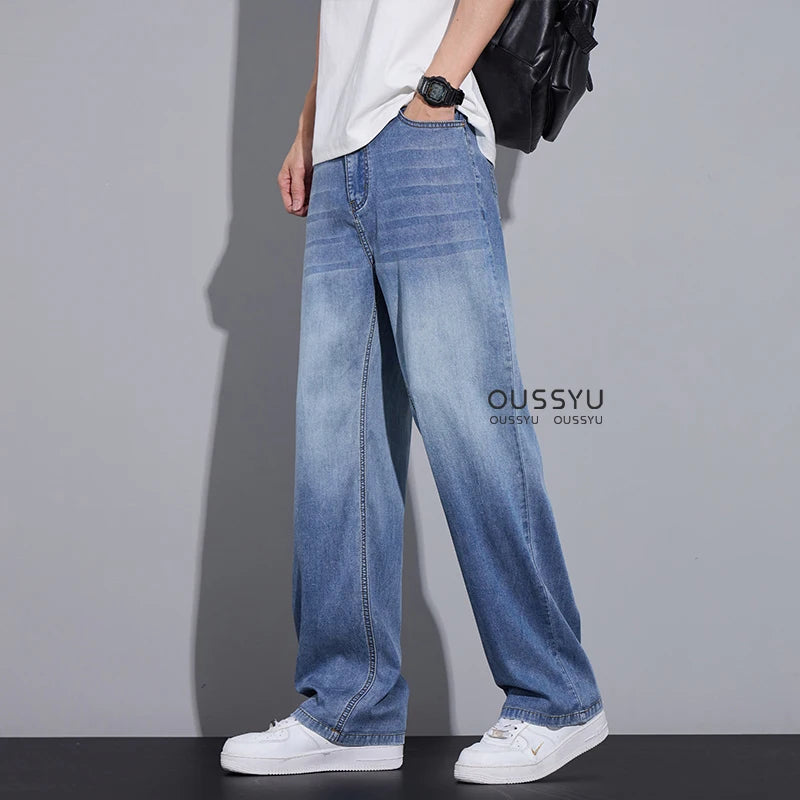 Gradient Grey Jeans Men Summer Smooth Lyocell Fabric Loose Wide Leg Pants Wear Slacks Street Clothing Retro Blue Thin Trousers