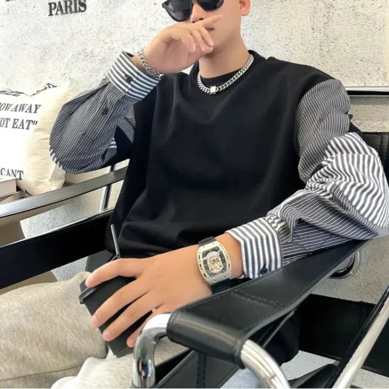 Spring and Autumn 2024 Boyfriend New Patchwork Pullover O-Neck Striped Fashion Loose Minimalist Casual Long Sleeved Sweatshirts