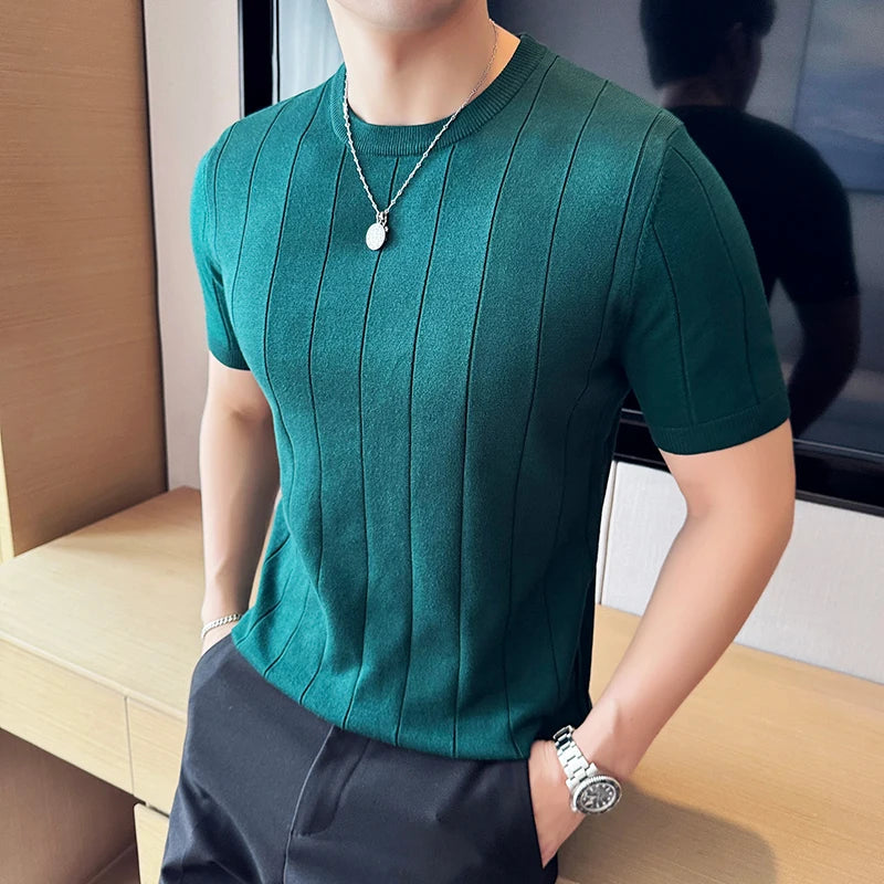 2024 New High Quality, Business Casual Men's Short-Sleeved O-neck Sweater, Daily Slim Fit T-shirt, Stretchable Striped Top M-3XL
