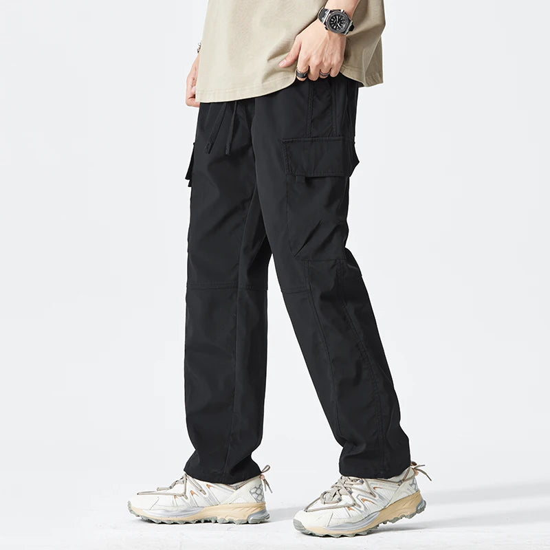 Cotton Men Multi-pocket Elastic Waist Design Harem Pant Street Punk Hip Hop Red Casual Trousers Joggers Male Army Cargo Pants