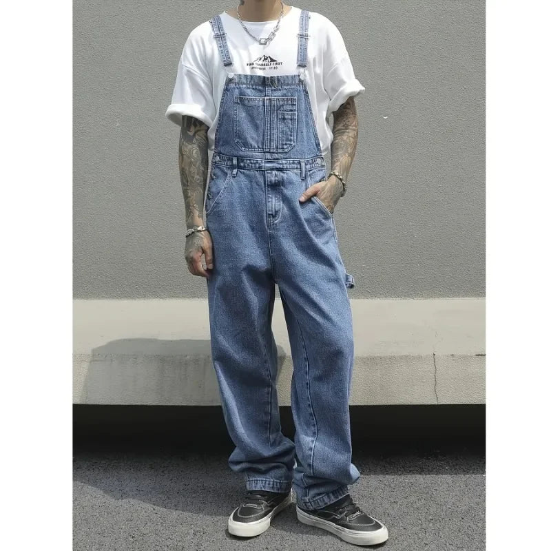 Summer Tops Street Wind Jeans Men Overalls Adult Denim Work Pants Jumpsuit Male Multiple Pockets Loose Man Denim Overall Men's