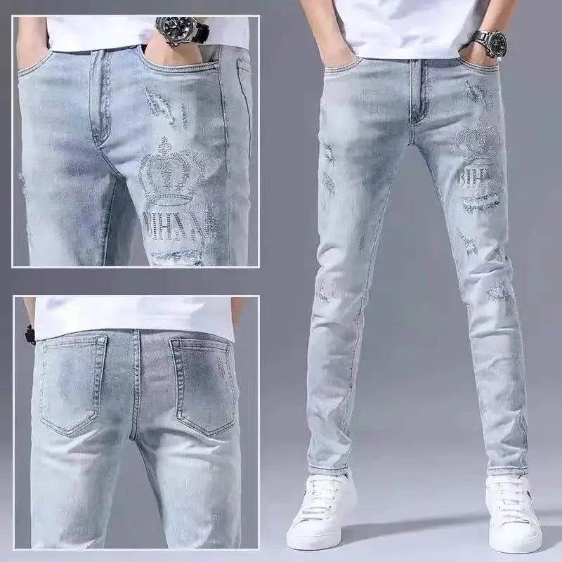 Fashion 2022 Stretch Denim Jeans Men's Spring Autumn Ripped Retro Hot Drill Embroidery Slim Small Feet Blue Versatile Long Pants