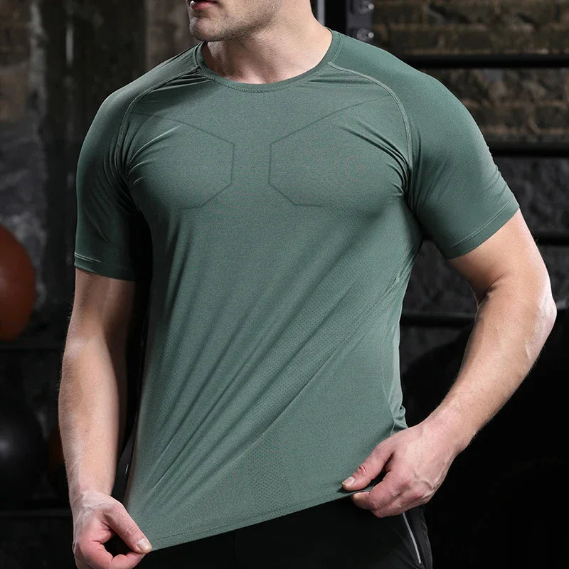 Mens Fashion Round Neck Breathable Running Sports Short Sleeve Golf Training Top Gym Jogging T-Shirt Stretch Slim Fit Sportswear