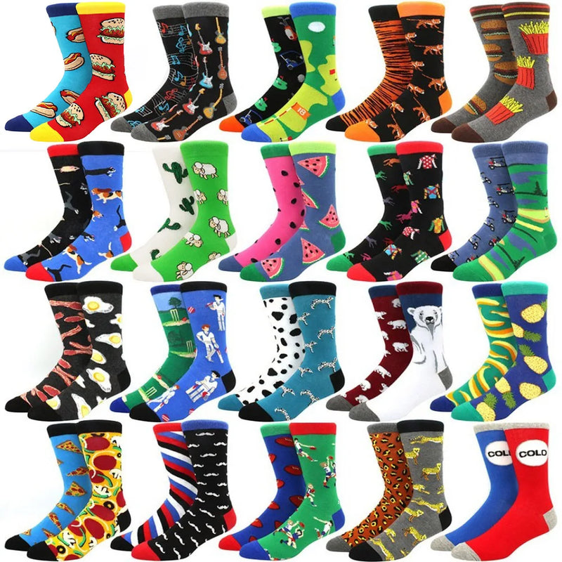 Men Socks Cotton Casual Personality Design Animal Fruit Happy Left and Right Different Socks Gifts for Men