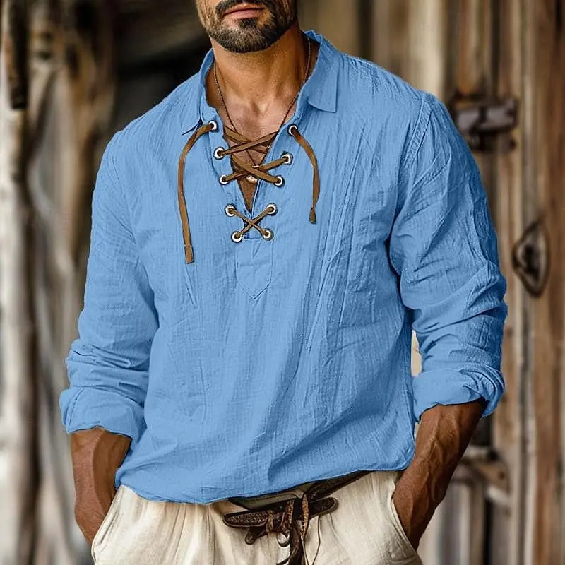 European and American Men's New Lapel Loose Shirt Men's Shirt Linen Shirt Viking Style Pirate Shirt Summer Beach Shirt