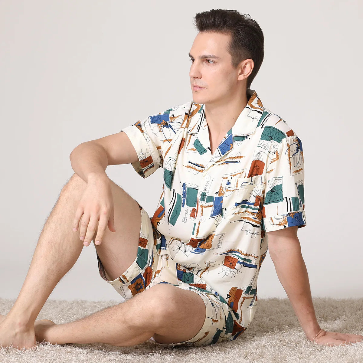 Summer New Cotton Silk Pijama Set Home Clothing Print Plaid Short Sleeve Pajamas Sleepwear Loose Casual Men Nightwear Loungewear