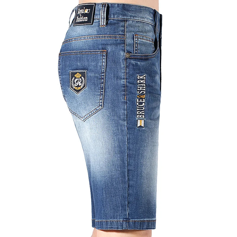 New Summer Blue Denim Shorts Men Bruce&Shark Middle-waisted Ripped Knee Length Jeans Casual Fashion Stretch Straight Big Size 42