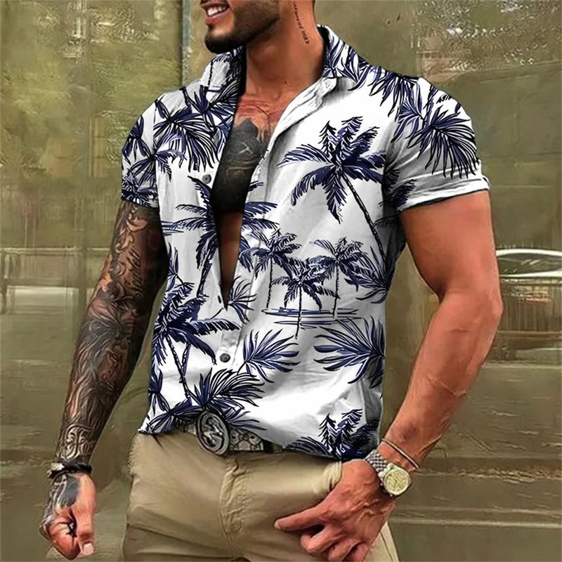 2023 New Men's Hawaiian Beach Short Sleeve Shirt with Coconut Tree Print Pattern Men's Street Casual High Quality Polo Top