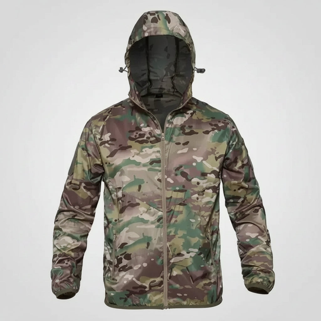 Camouflage jacket with a hood on a white background