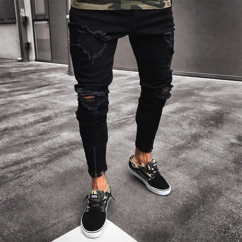 Ripped Zipper Stretch Jeans