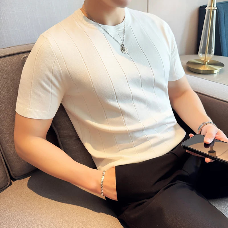 2024 New High Quality, Business Casual Men's Short-Sleeved O-neck Sweater, Daily Slim Fit T-shirt, Stretchable Striped Top M-3XL
